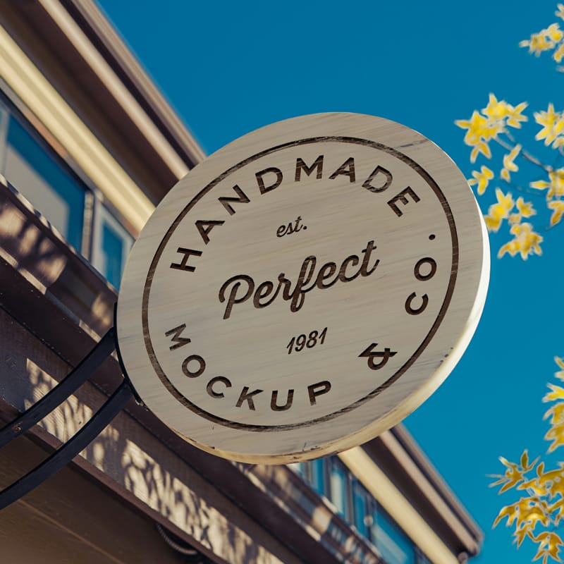 Round Wooden Signage Mockup PSD