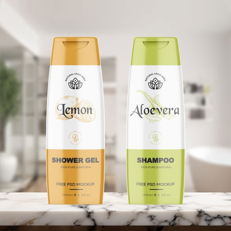 Shower Gel and Shampoo Bottle Mockup PSD