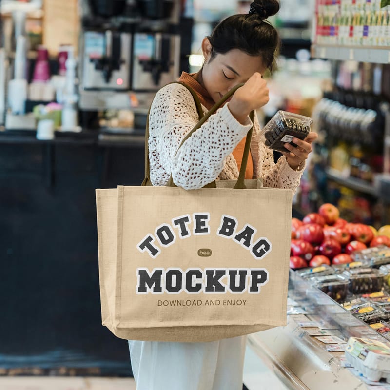 Tote Bag on Woman Mockup PSD