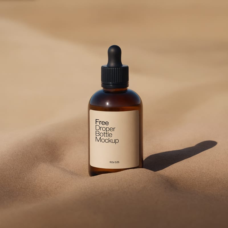 Amber Dropper Bottle Mockup with Sand Background PSD