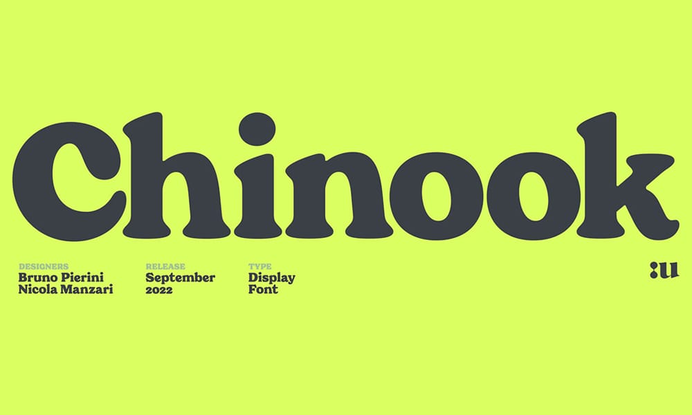 The free fat font Chinook displayed in a groovy, 70s-inspired style.