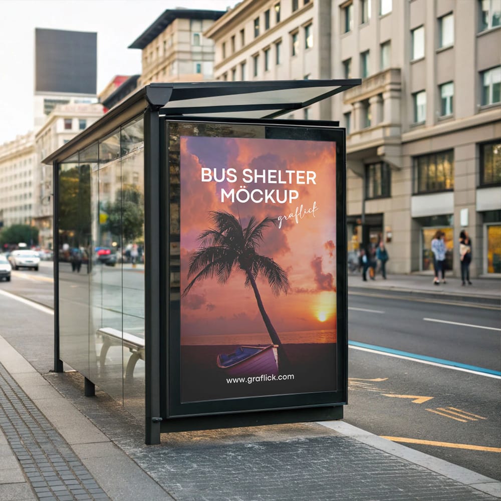 Free Advertising Framed Poster on a Bus Stop Mockup PSD