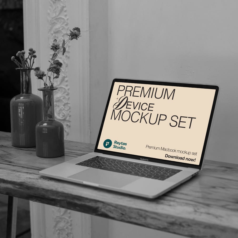 Free MacBook Mockup with Monochrome Aesthetic PSD