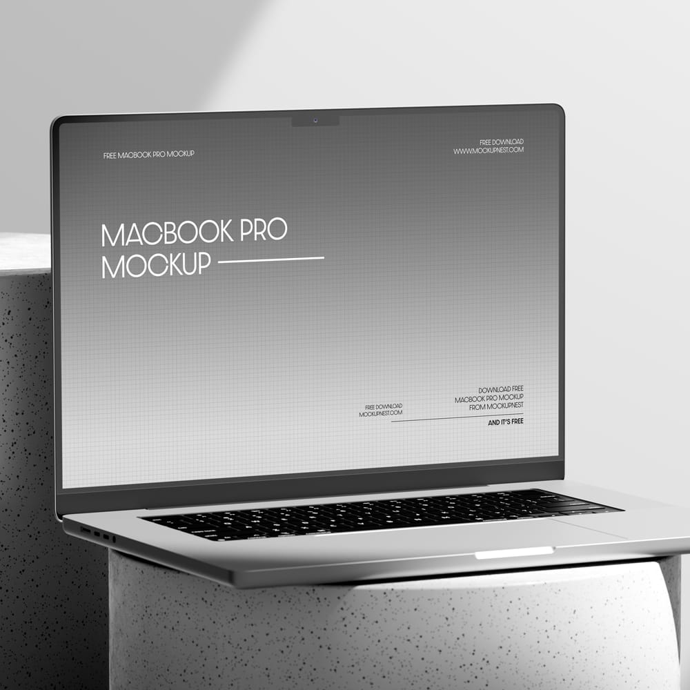 Free Macbook Pro Mockup On Round Podium PSD
