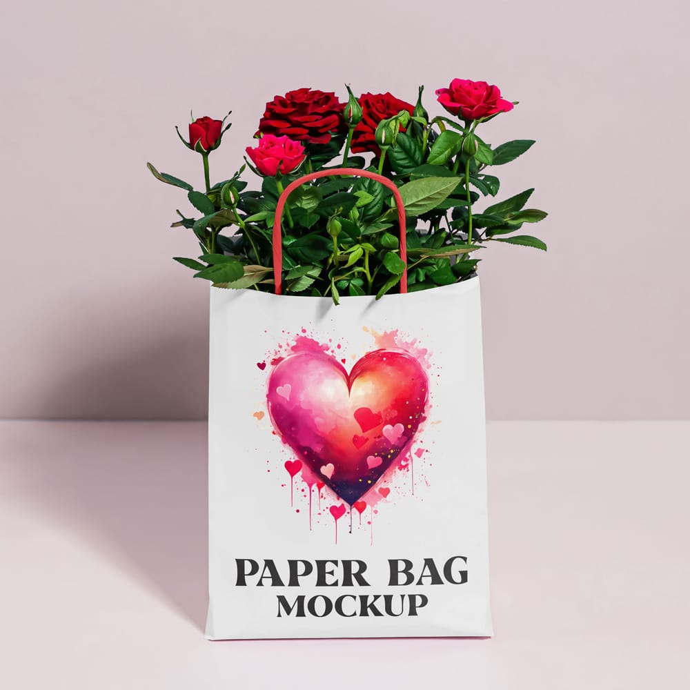 Free Paper Bag with Roses Mockup PSD