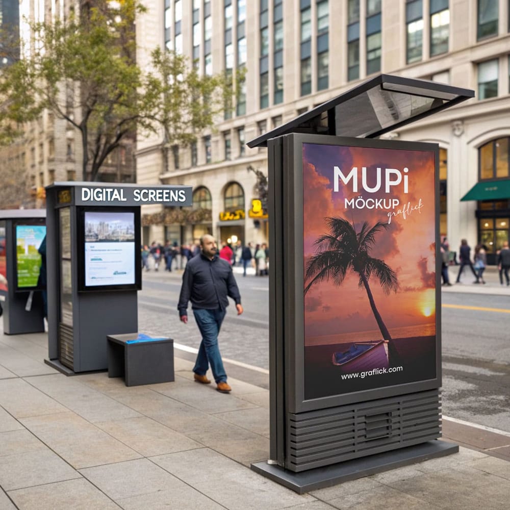 Free Pedestrian Digital Lightbox Mupi Poster Mockup PSD