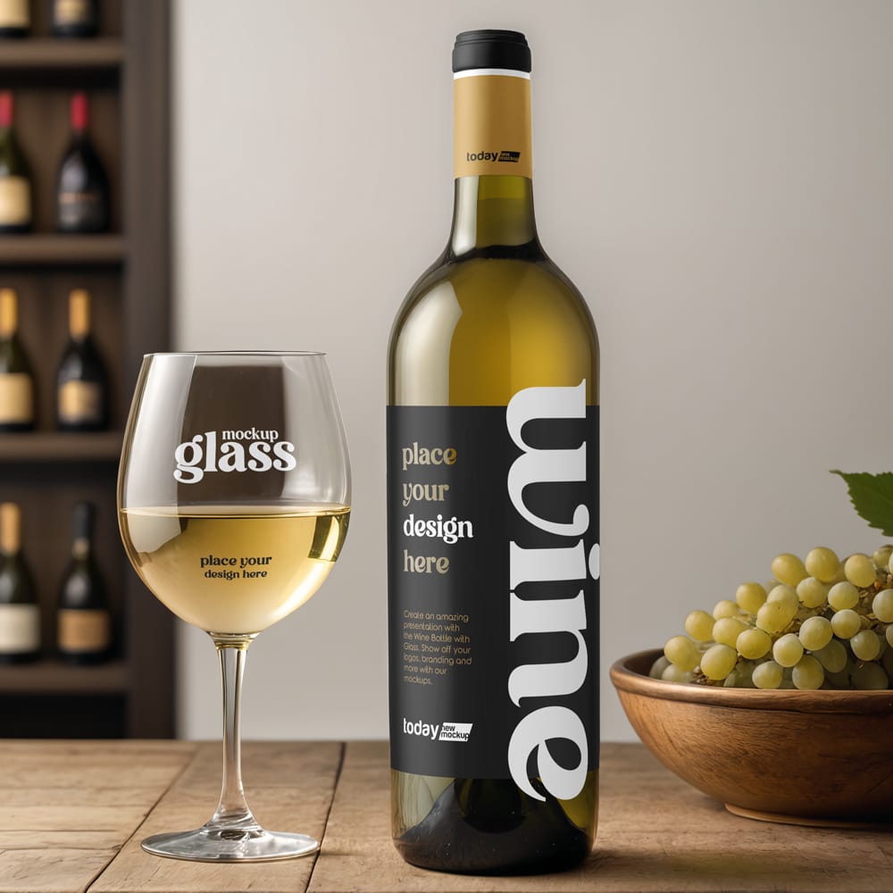 Free Wine Bottle with Glass Mockup PSD