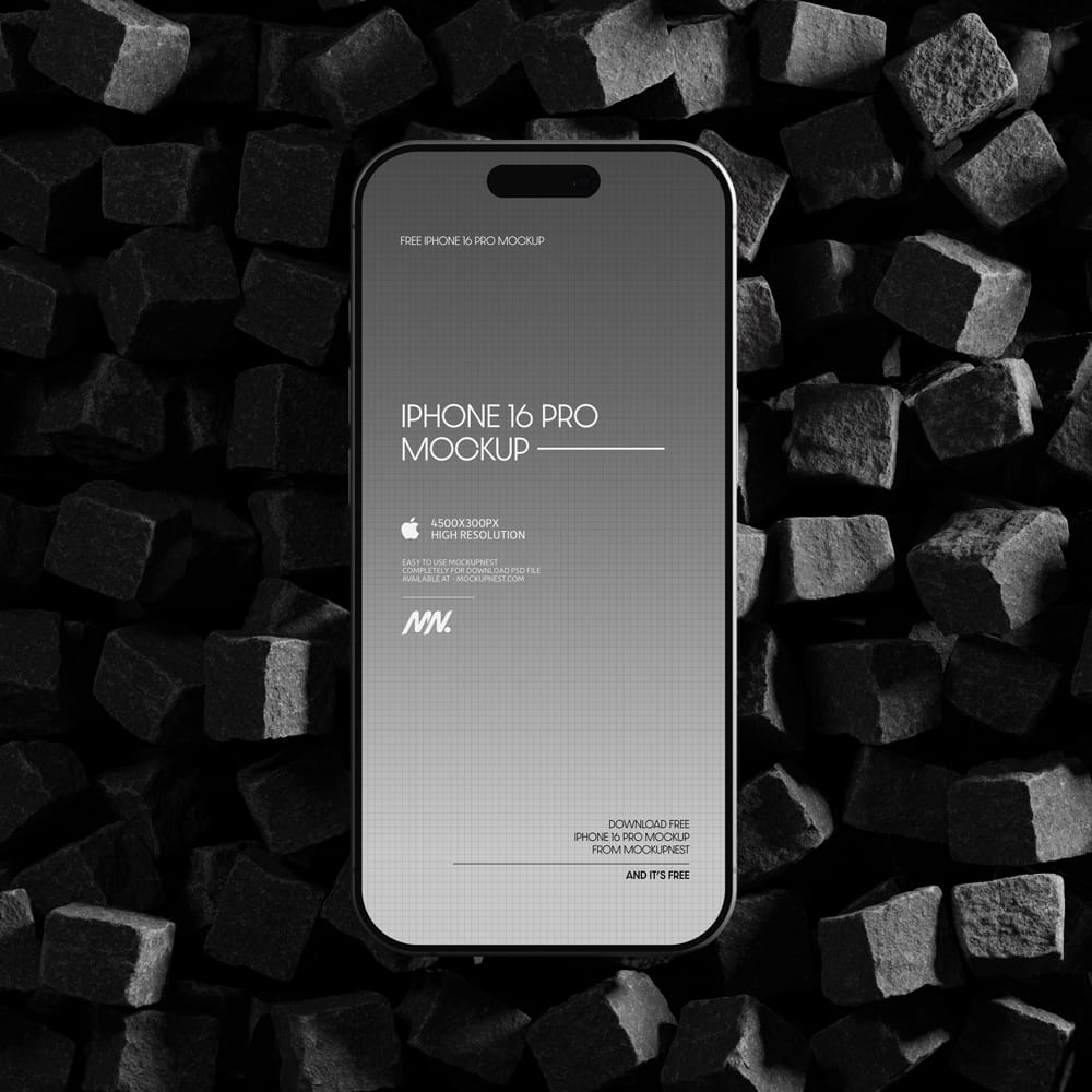 Free iPhone 16 Pro Mockup On Cube Stones PSD