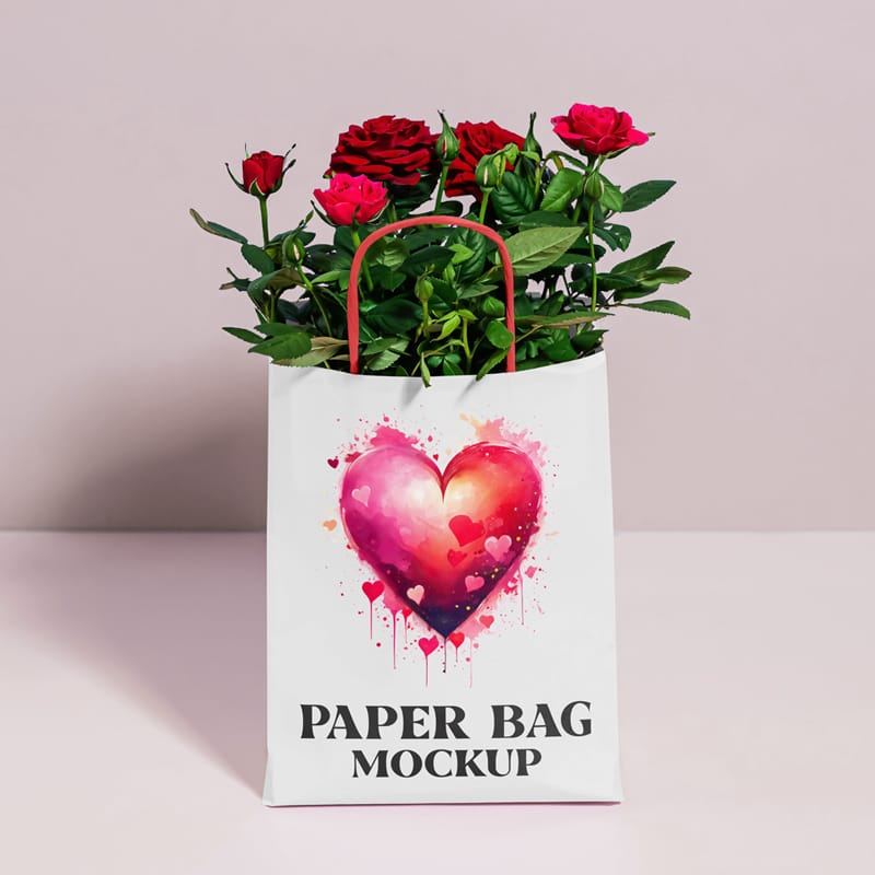 Paper Bag with Roses Mockup PSD