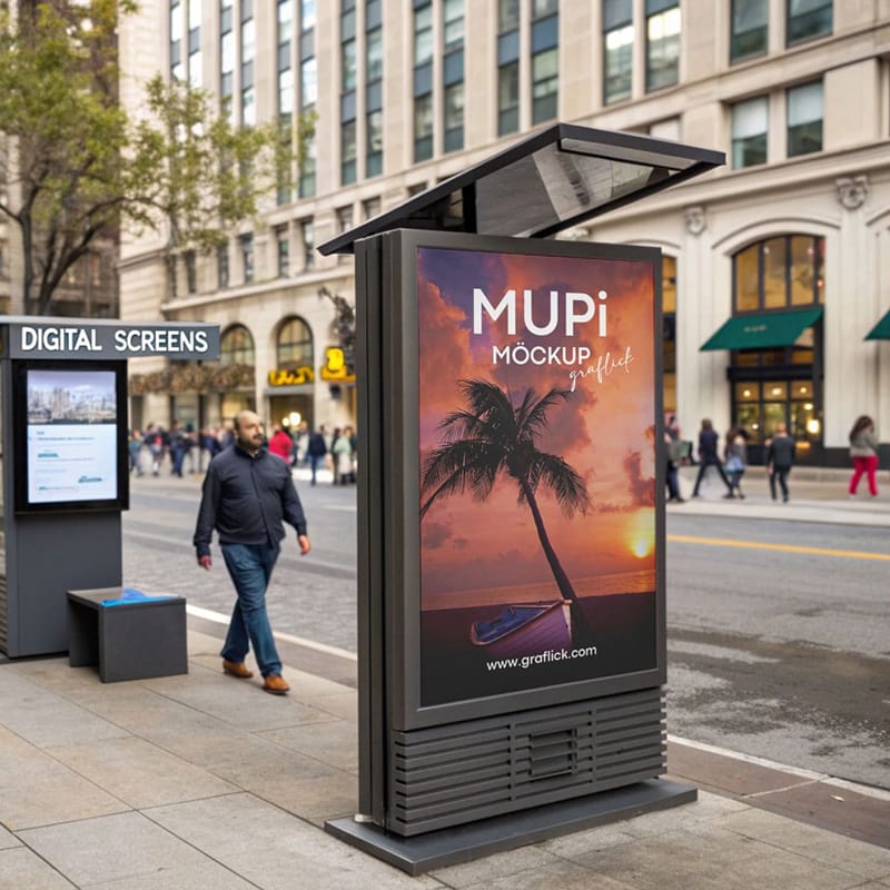 Pedestrian Digital Lightbox Mupi Poster Mockup PSD