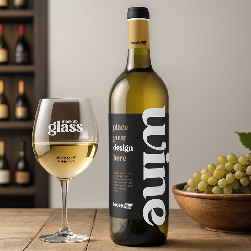 Wine Bottle with Glass Mockup PSD