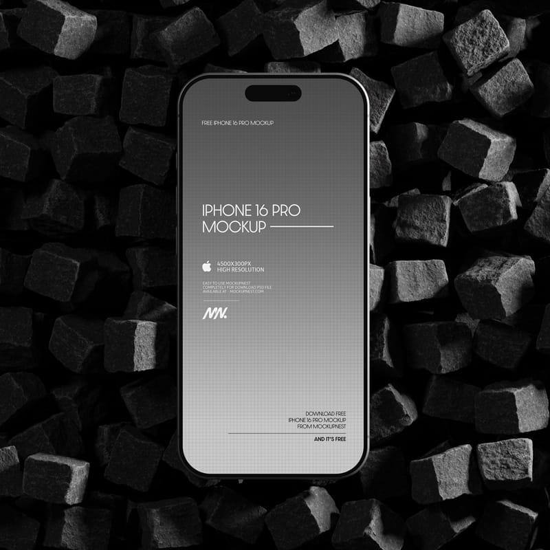 iPhone 16 Pro Mockup On Cube Stones PSD