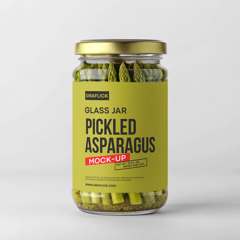 Free Asparagus Pickle Glass Jar Mockup PSD