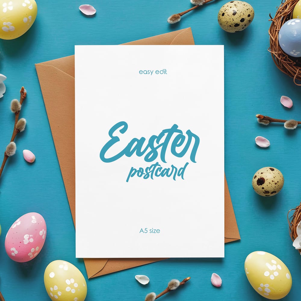 Free Easter Card with Eggs and Flowers Mockup PSD