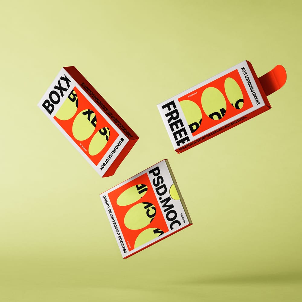 Free Gravity Product Boxes Branding Mockup PSD