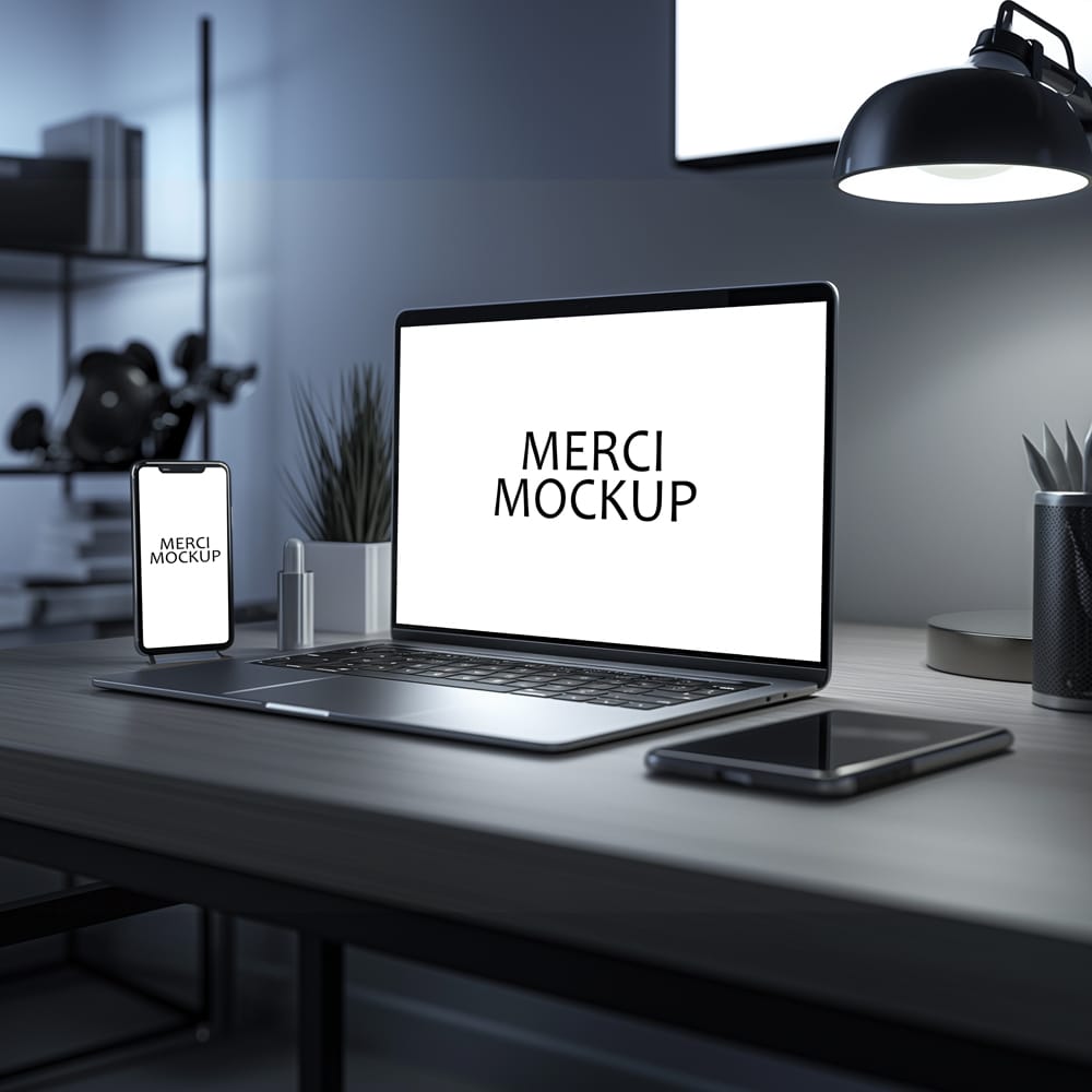 Free Macbook M4 and iPhone on Desk Mockup PSD