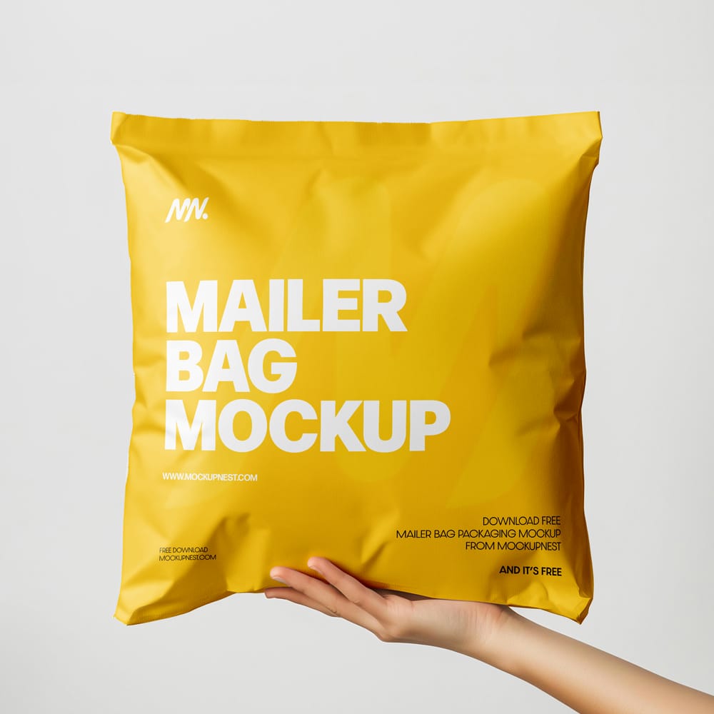Free Square Paper Mailer Bag Mockup Holding By Hand PSD
