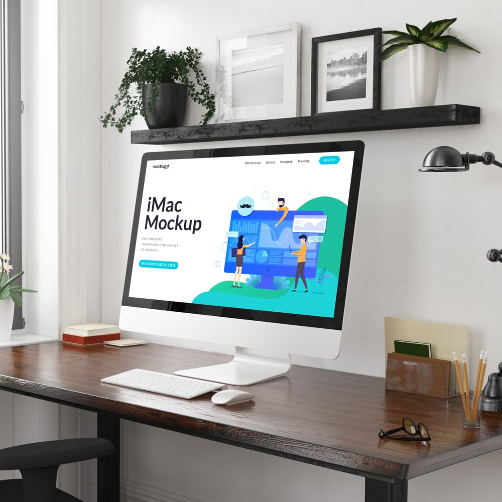 Free iMac in Office Mockup PSD