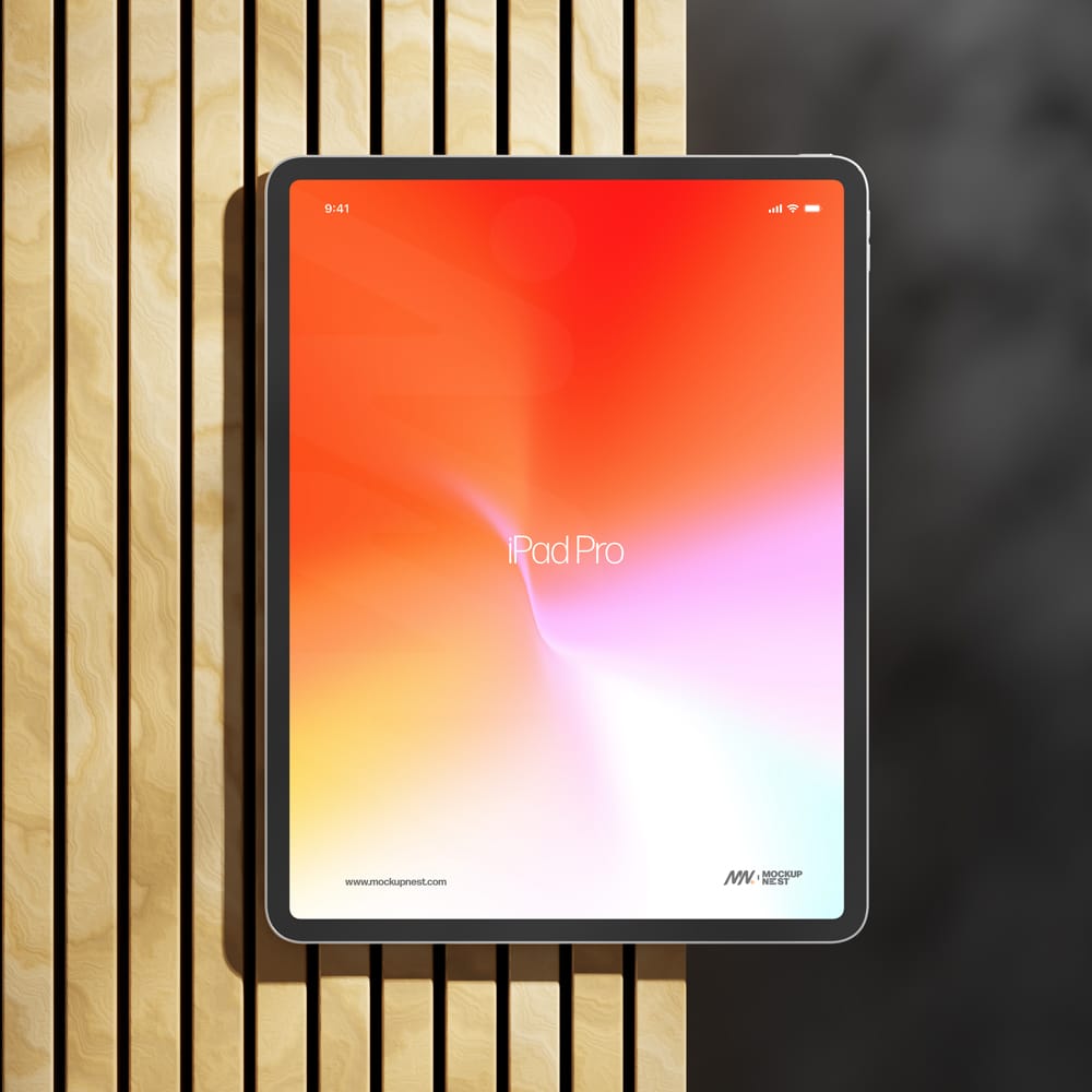 Free iPad Pro Mockup On Wood PSD