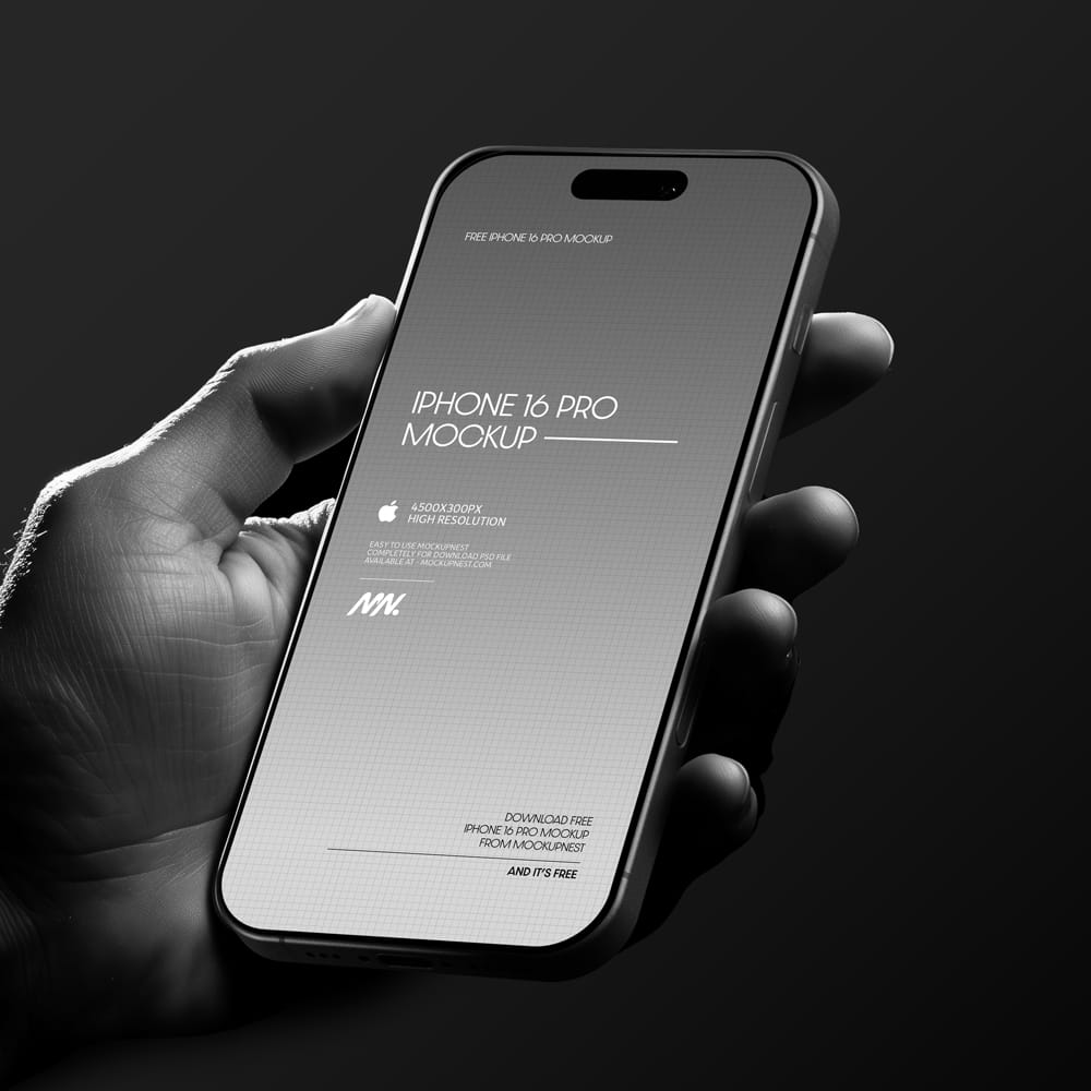 Free iPhone 16 Pro Mockup Holding By Hand PSD