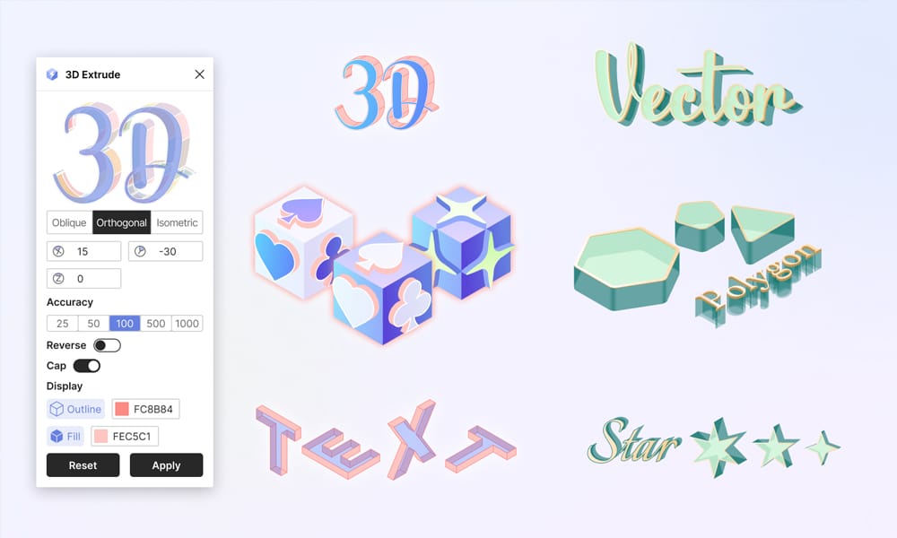 The 3D Vector Figma plugin interface, demonstrating controls for extruding shapes and creating 3D text effects.
