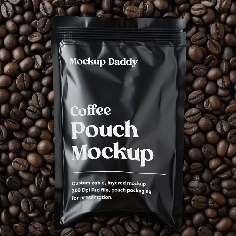 Black Coffee Pouch Mockup on Coffee Beans PSD