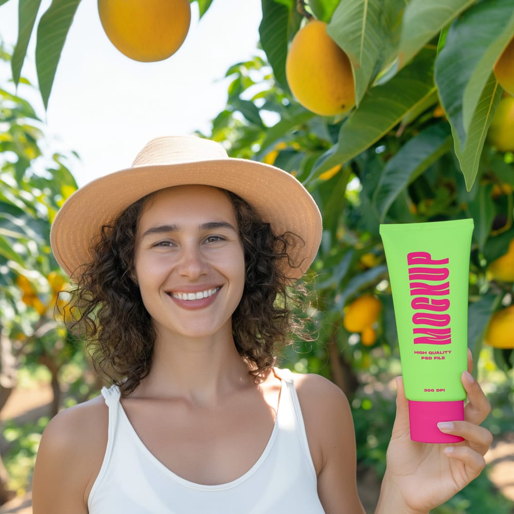 Free American Girl Holding Tube Mockup in Mango Farm PSD