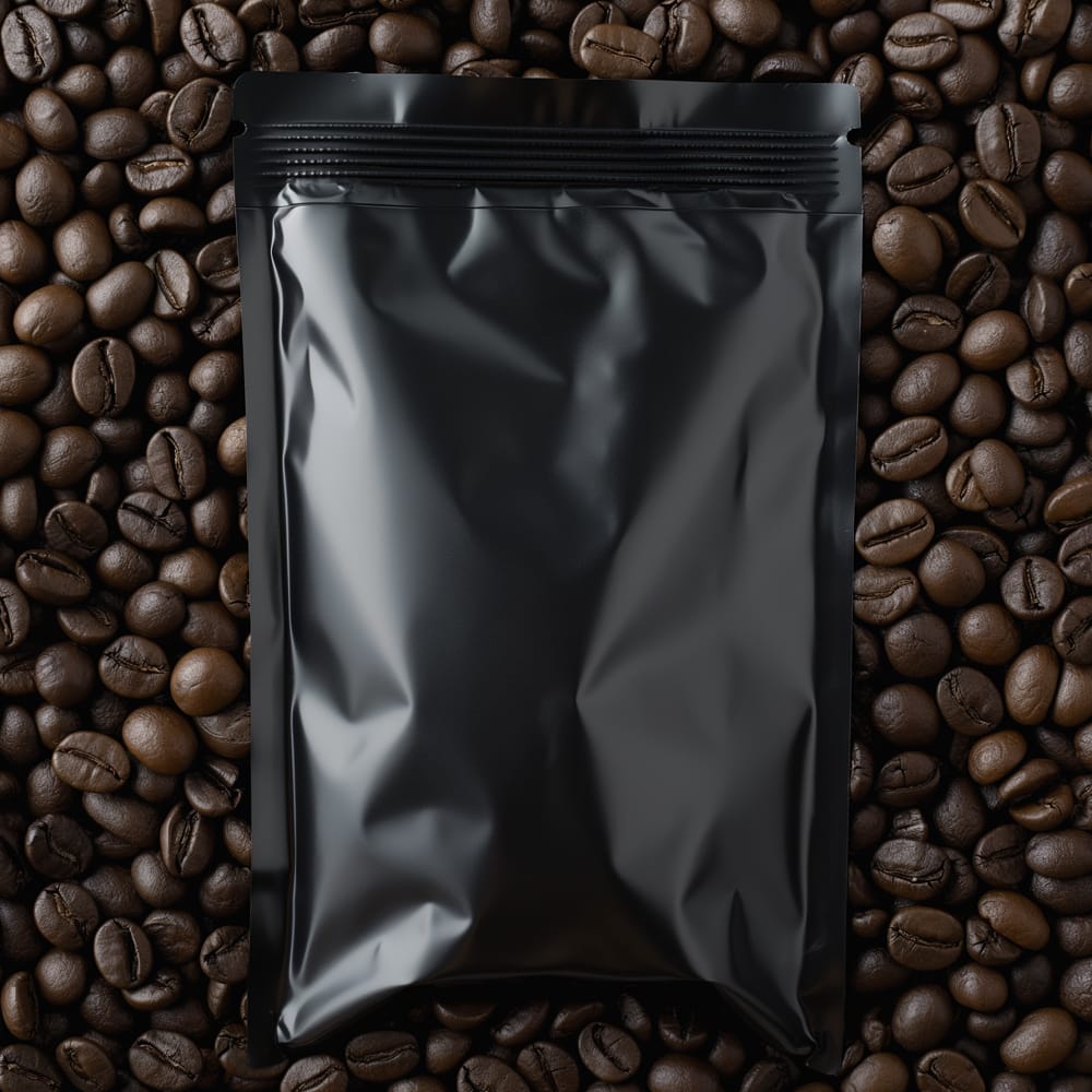 Free Black Coffee Pouch Mockup on Coffee Beans PSD