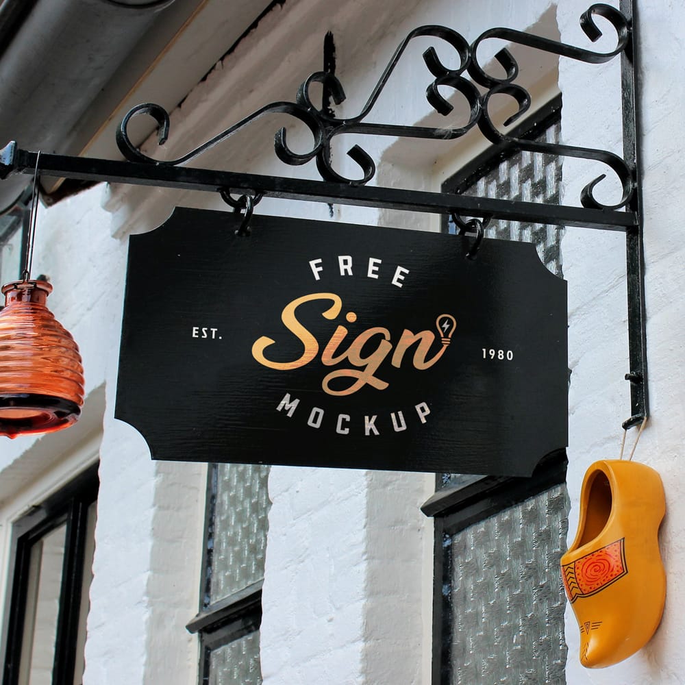 Free Dutch Restaurant Black Signboard Mockup PSD