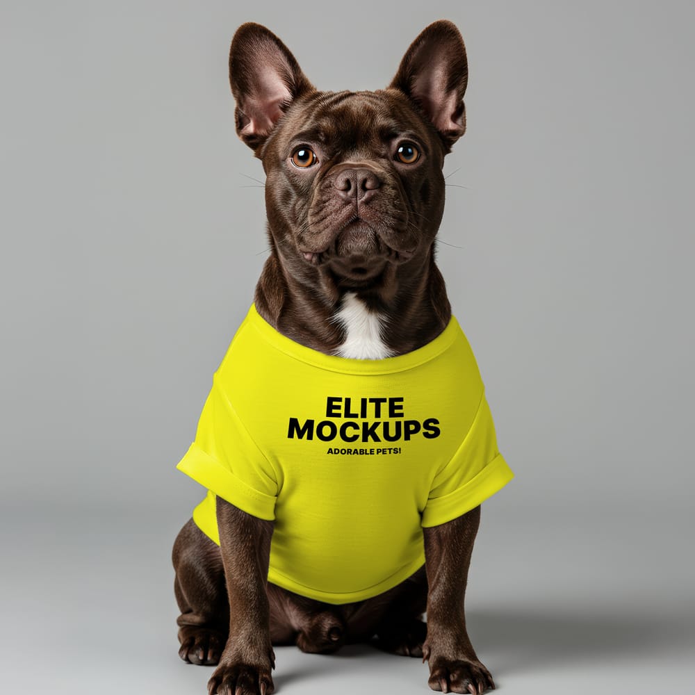 Free French Bulldog in Yellow T-Shirt Mockup PSD