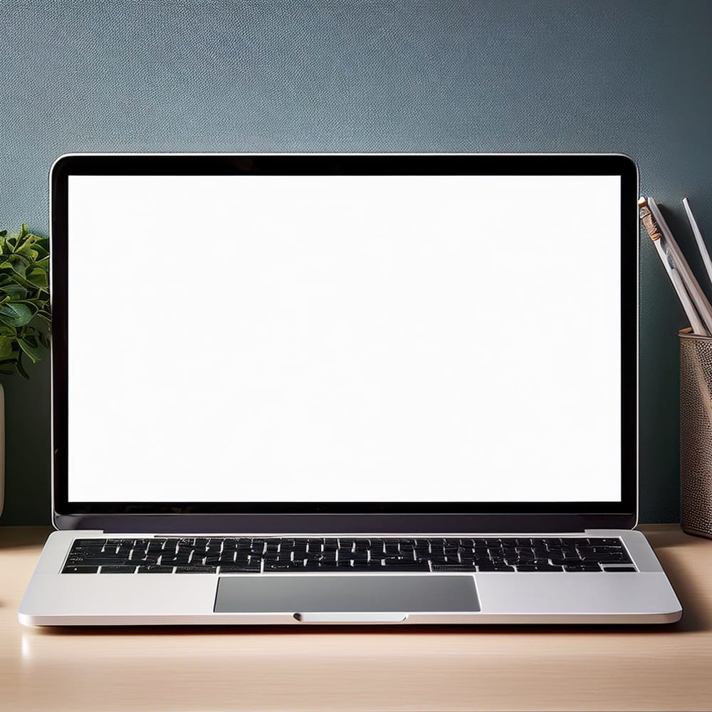 Free Front View Laptop Mockup with Office Vibe PSD