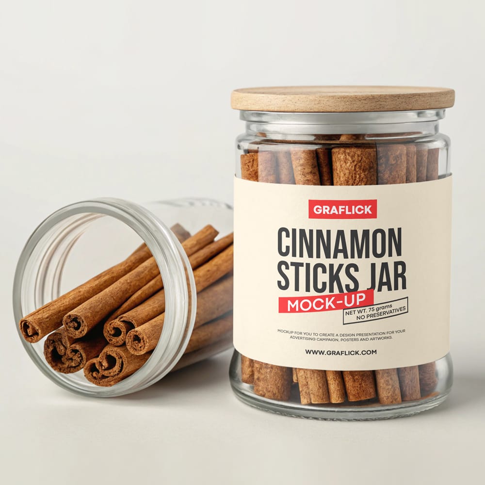 Free Glass Jar With Cinnamon Sticks Mockup PSD