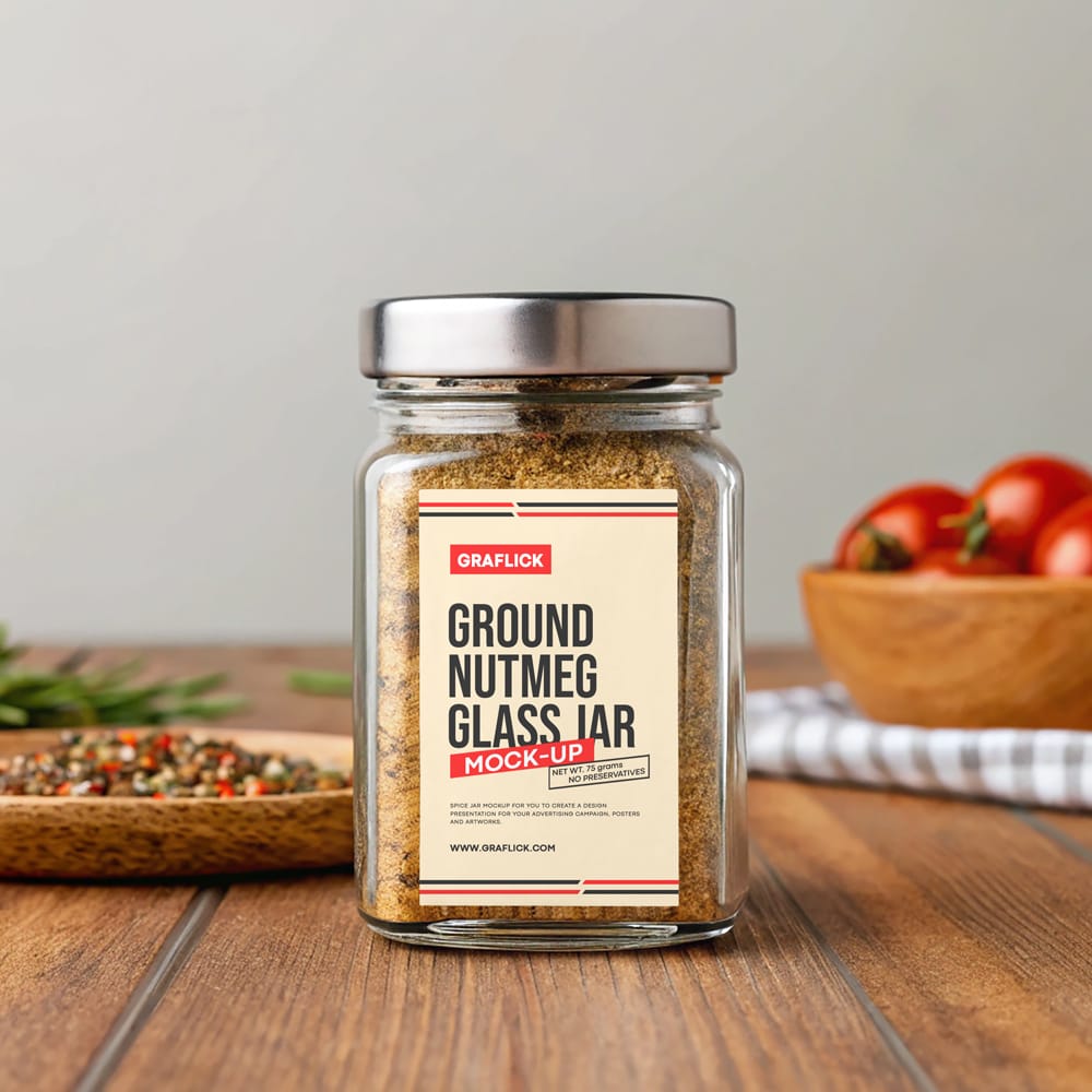 Free Glass Jar with Ground Nutmeg Mockup PSD