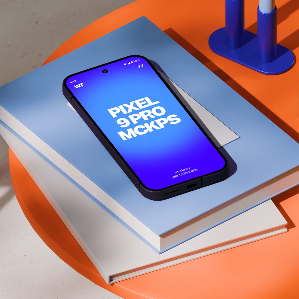 Free Google Pixel Phone Mockup on Books PSD