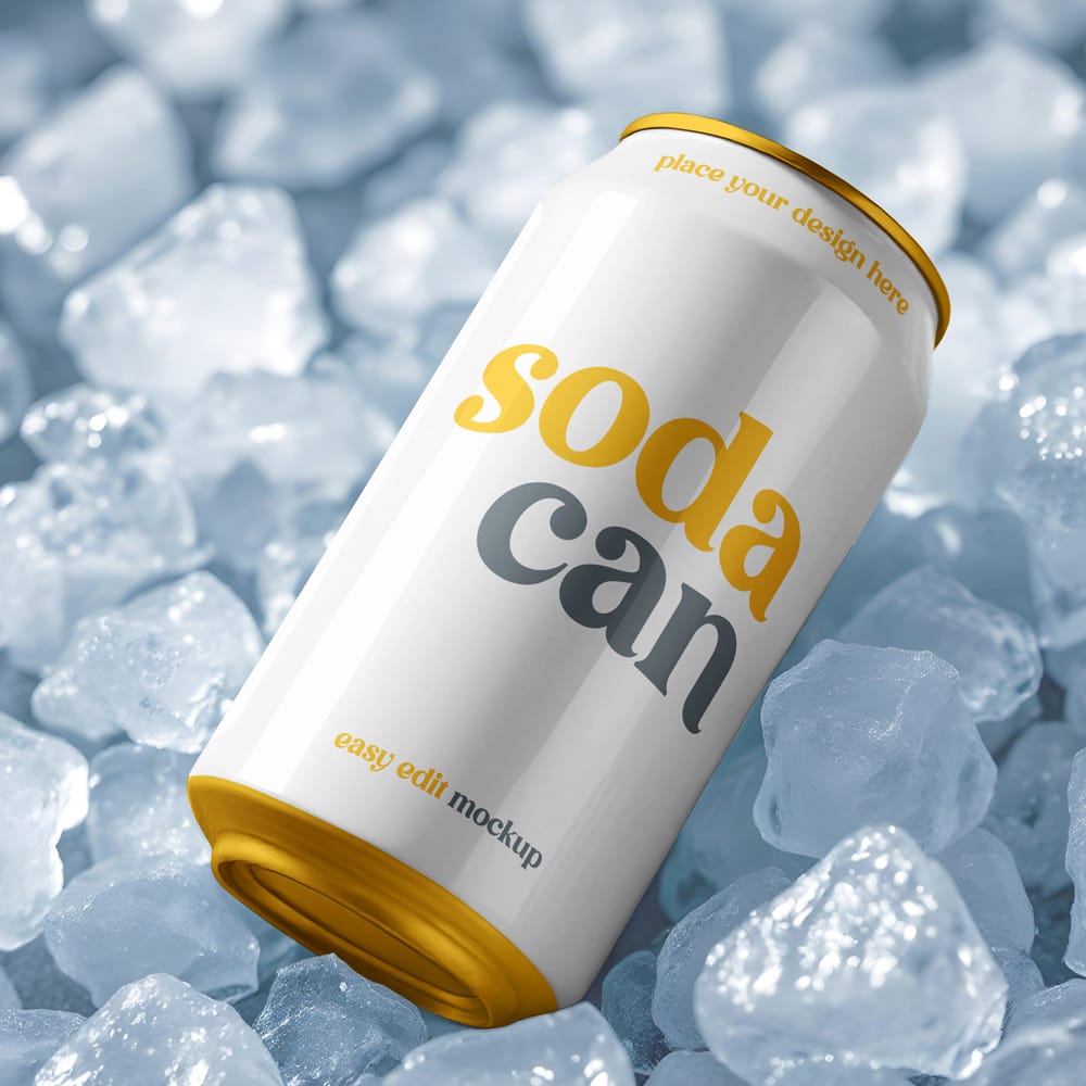 Free Ice Cubes and Soda Can Mockup PSD