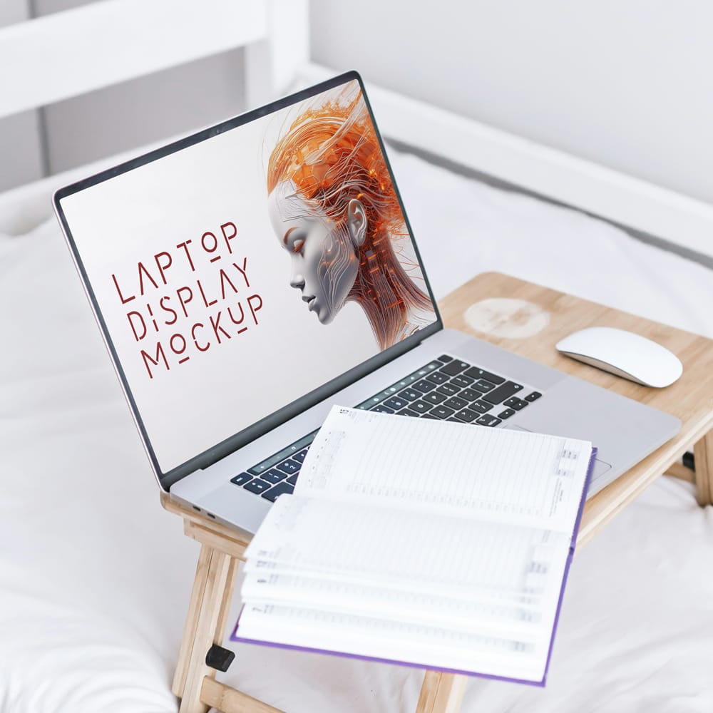 Free MacBook on Stand Mockup PSD