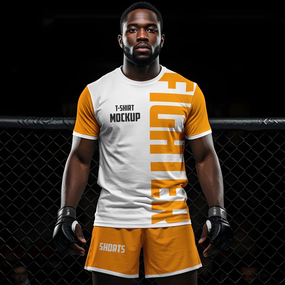 Free Male Fighter Wearing T-Shirt and Shorts Mockup PSD