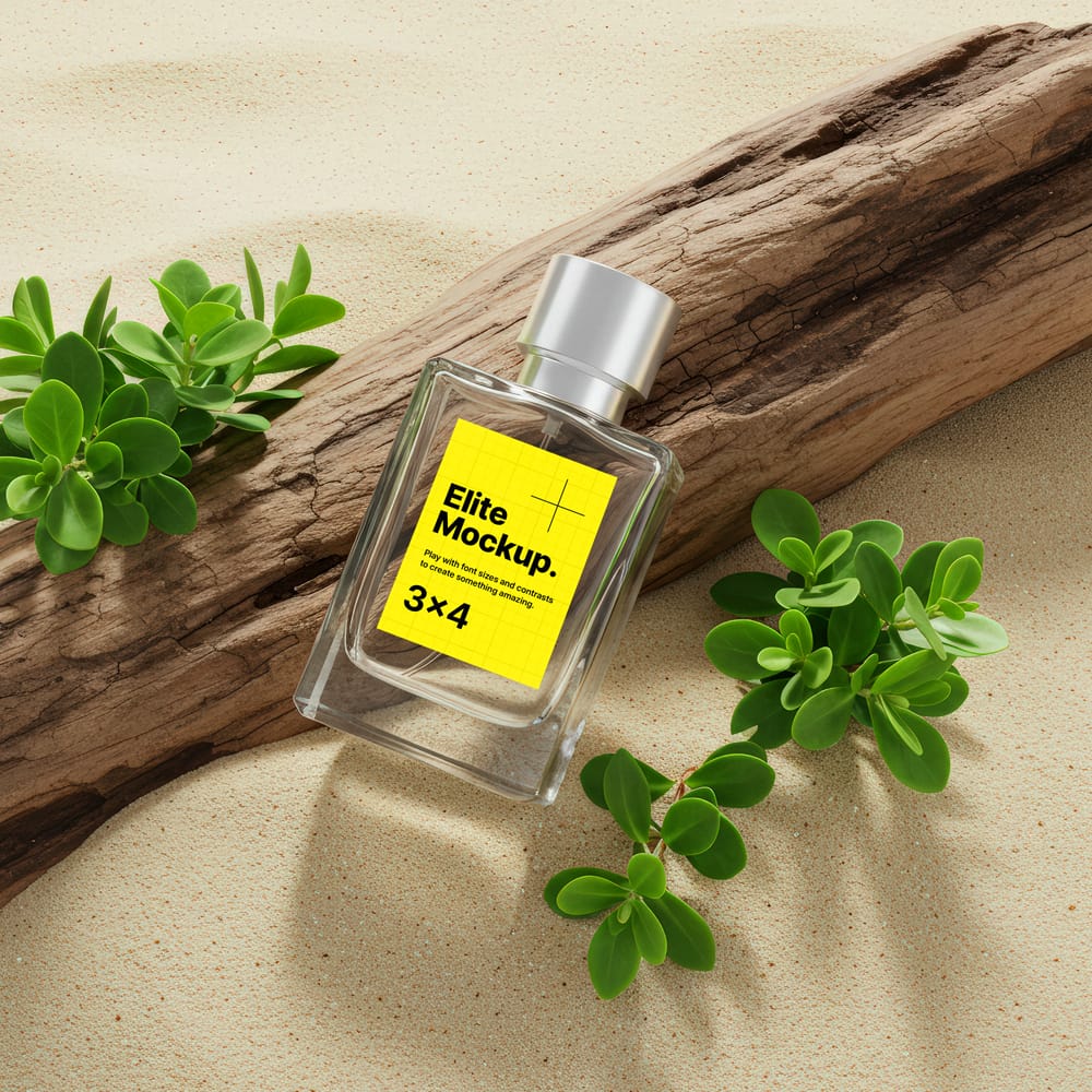 Free Perfume Crystal Bottle Mockup on the Sand PSD