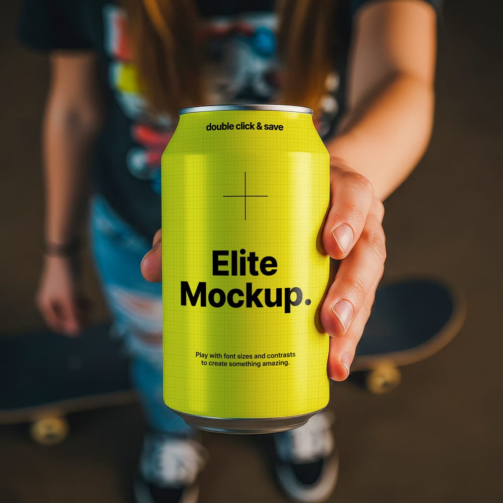 Free Refresh Can Mockup in Hand with Skate Style PSD