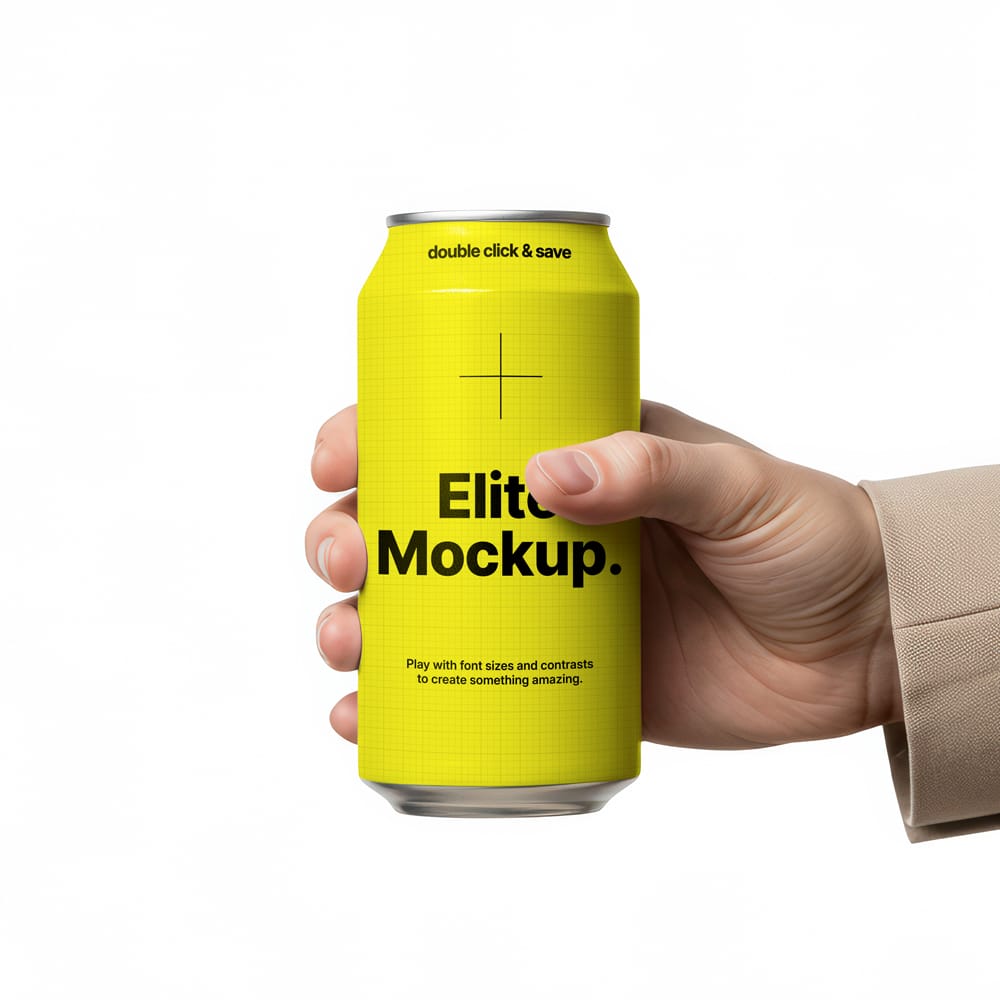 Free Soda Can Mockup in Hand with White Background PSD