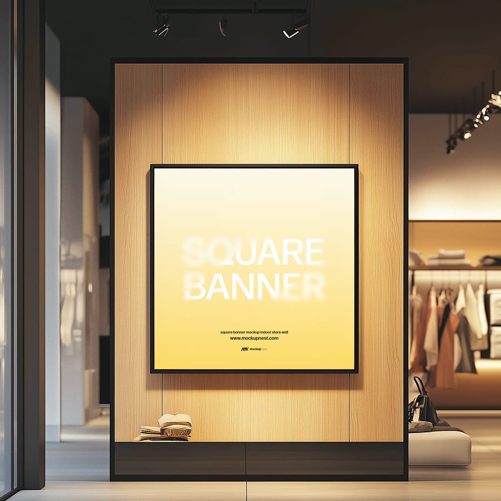 Free Square Banner Mockup Inside Store Wall PSD