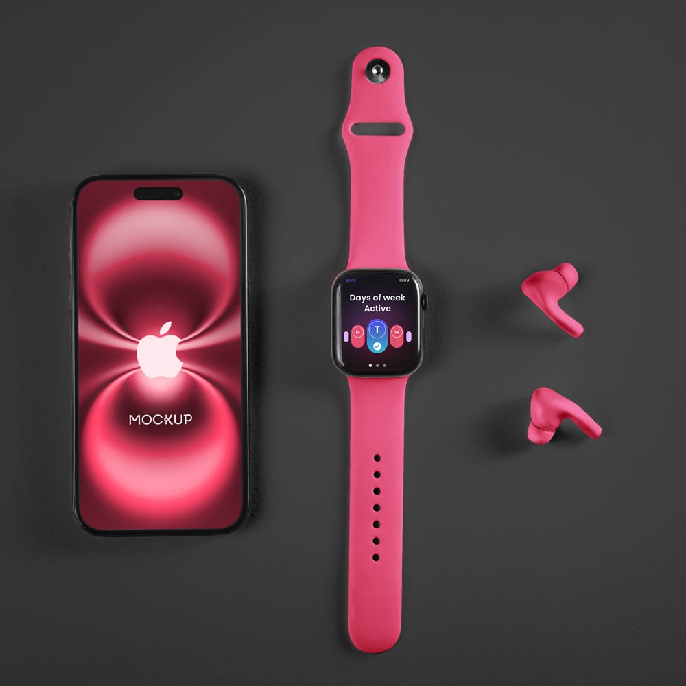 Free iPhone 16 and Apple Watch Mockup PSD