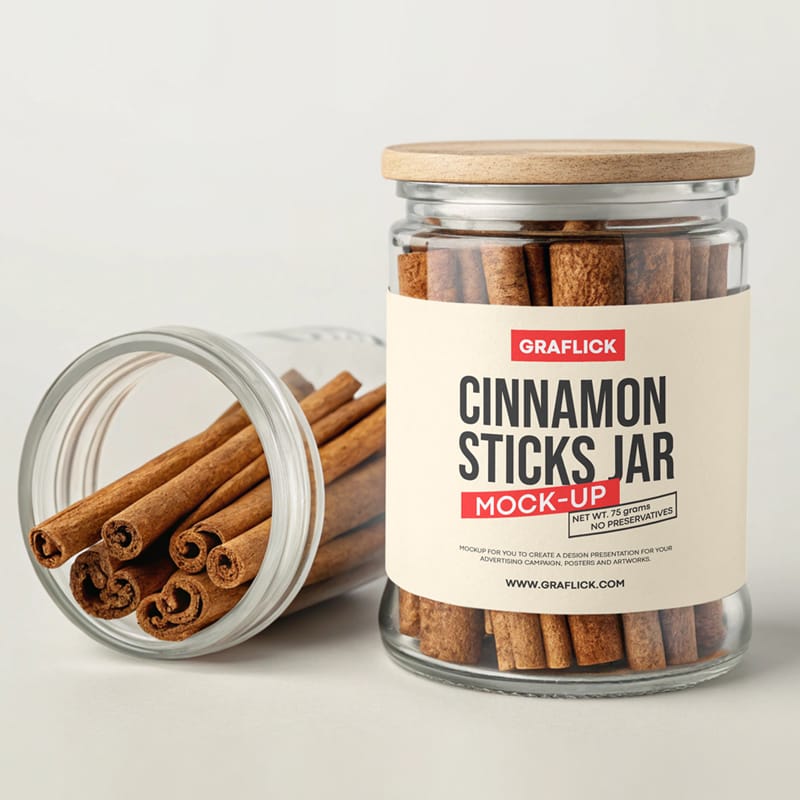 Glass Jar With Cinnamon Sticks Mockup PSD