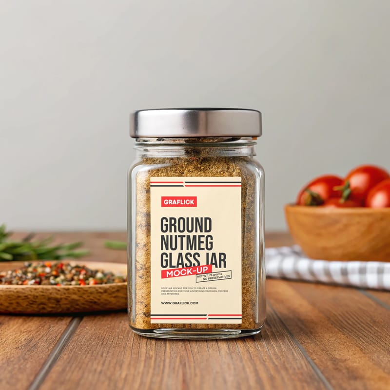 Glass Jar with Ground Nutmeg Mockup PSD