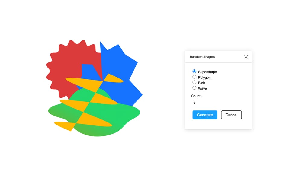 The Random Shapes Figma plugin showcasing a grid of generated abstract forms, ideal for creative brainstorming.