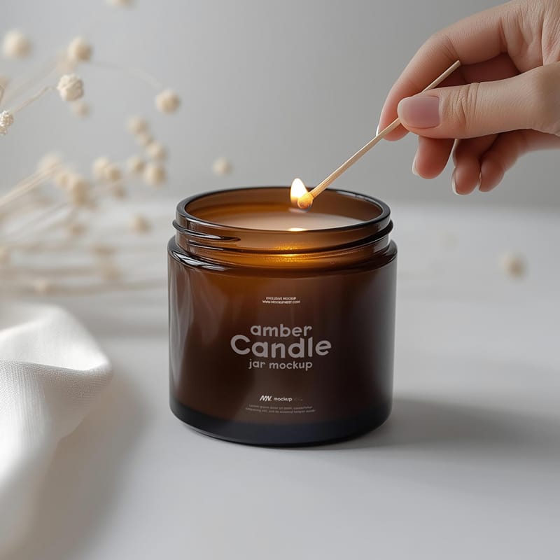 Realistic Amber Glass Candle Jar Mockup PSD