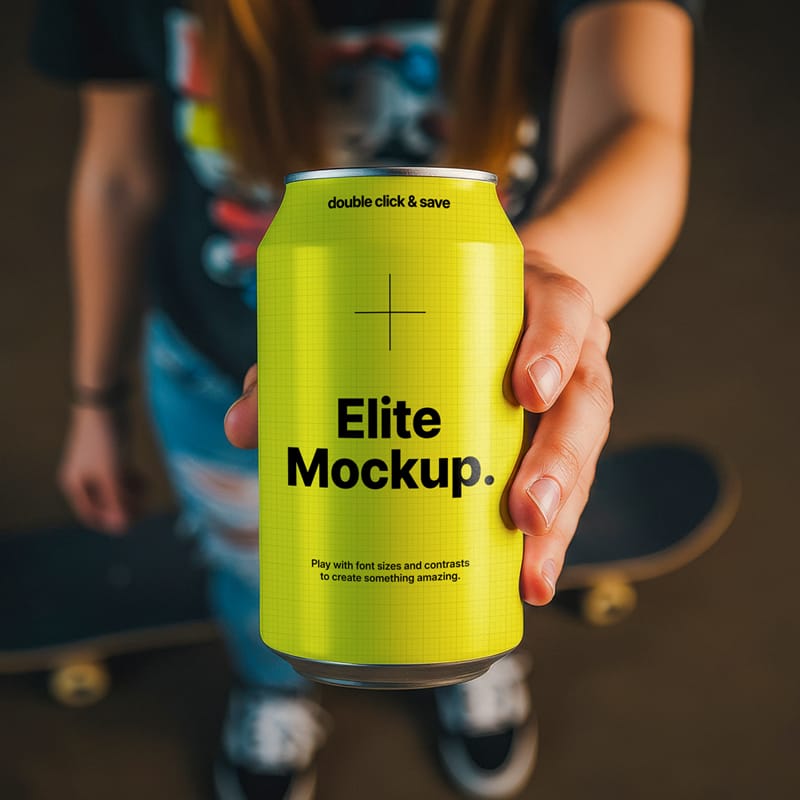 Refresh Can Mockup in Hand with Skate Style PSD