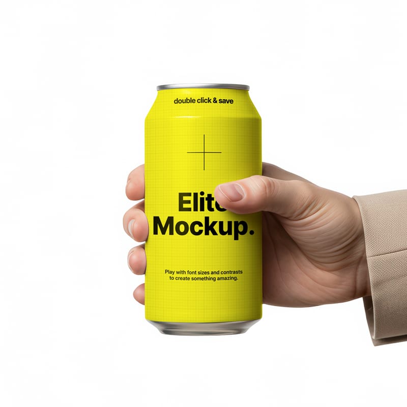 Soda Can Mockup in Hand with White Background PSD