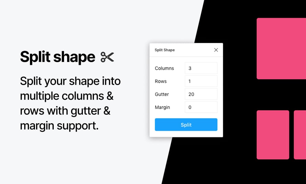 The Split Shape plugin's dialog box in Figma, demonstrating how to divide a shape into a precise grid with columns and rows.