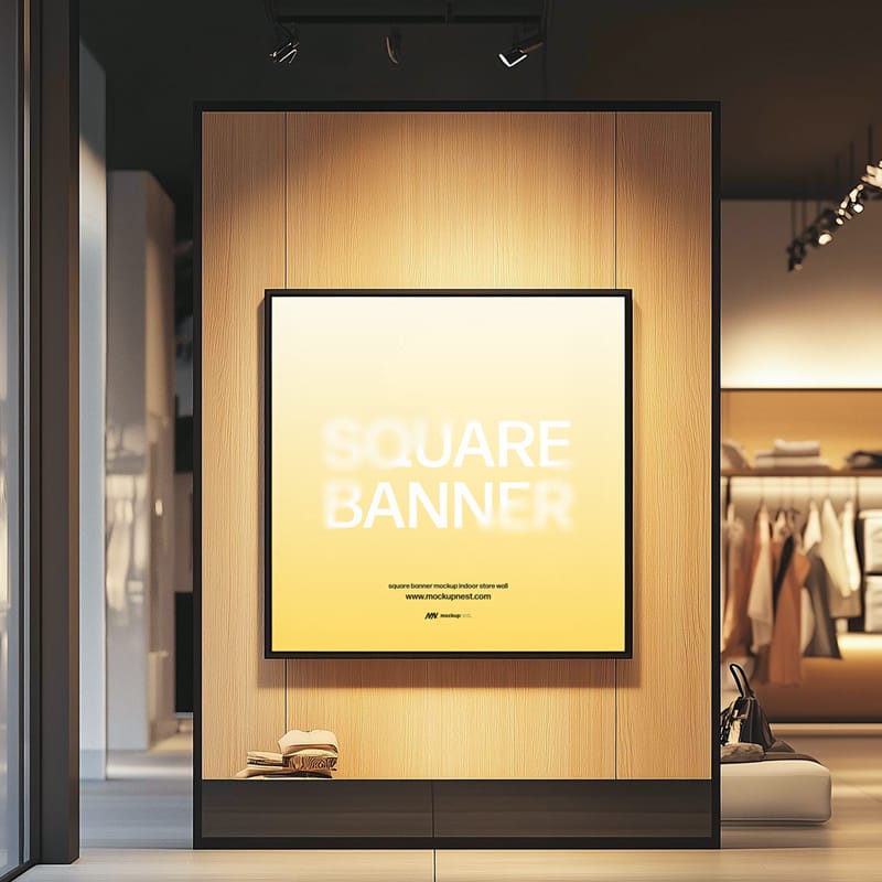 Square Banner Mockup Inside Store Wall PSD